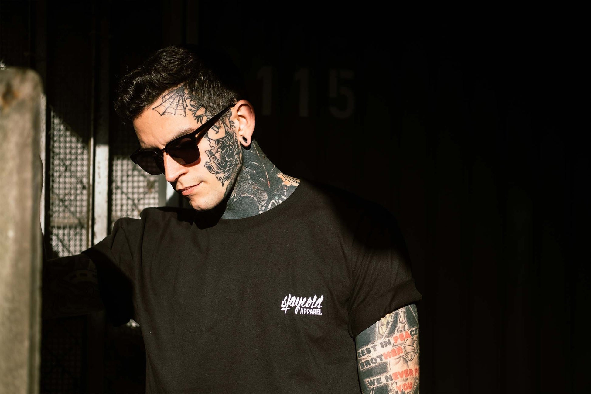 Stay Cold Apparel, Logo, Basic, Everyday Tee, Tattoo Apparel, Tattoo Clothing, occult clothing, face tattoo, lifestyle, sunglasses 